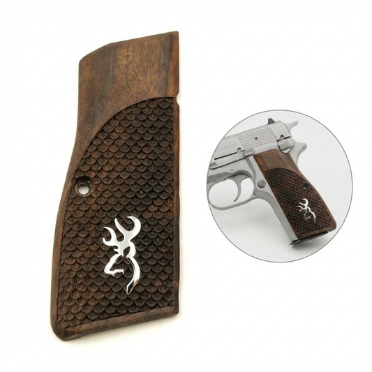 Browning Hi-Power Grips – Silver Logo Fishscale