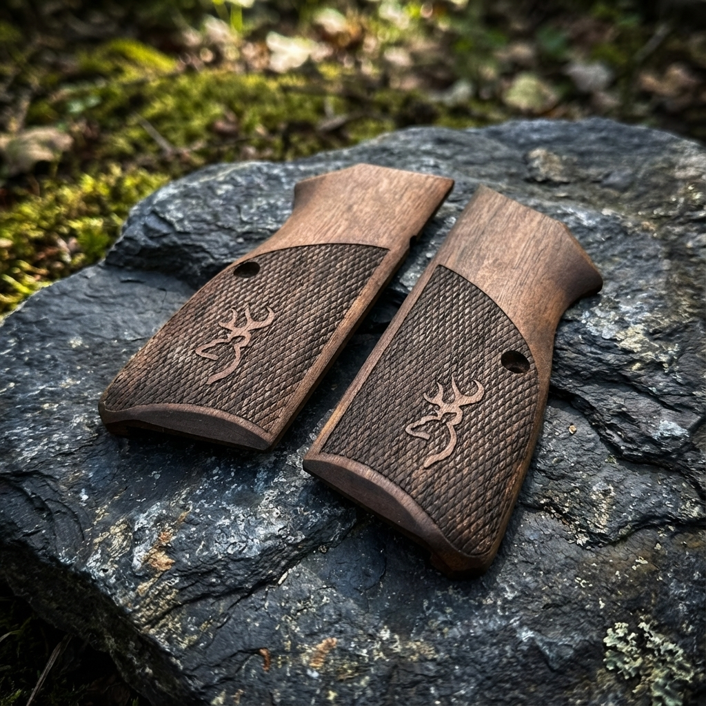 Browning Hi-Power Grips – Half Tang Diamond Cut with Logo