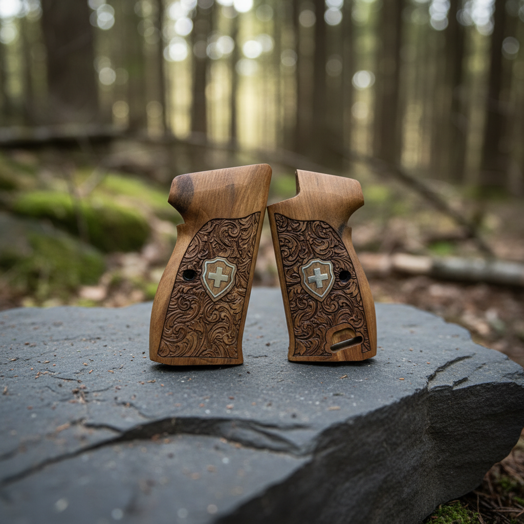 Sig P210 Grips - Floral Scroll Swiss Cross (Silver)