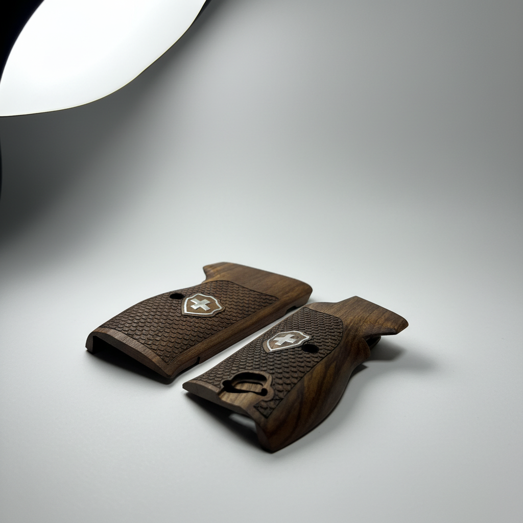 Sig P210 Grips - Fish Scale Swiss Cross (Silver) | Dark Walnut