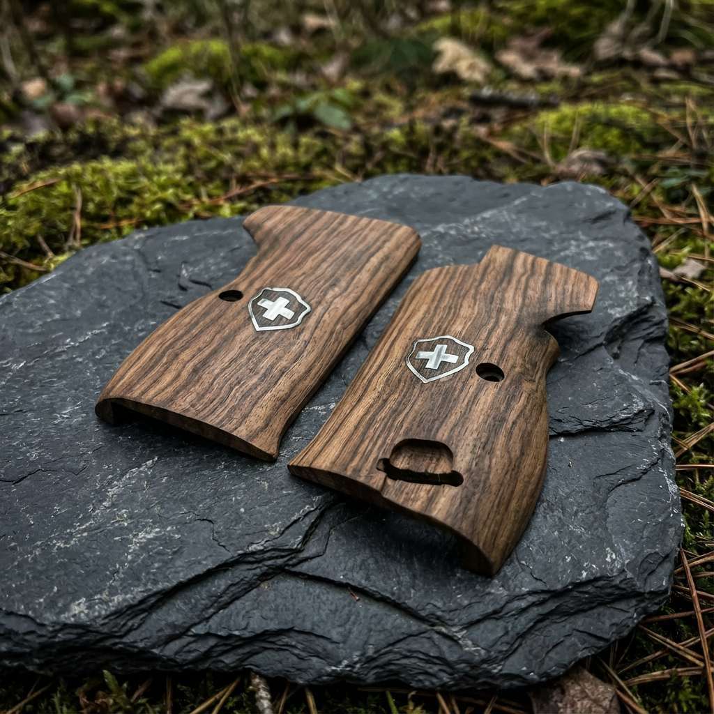 Sig P210 Grips - Vertical Grain Walnut Swiss Cross (Silver)