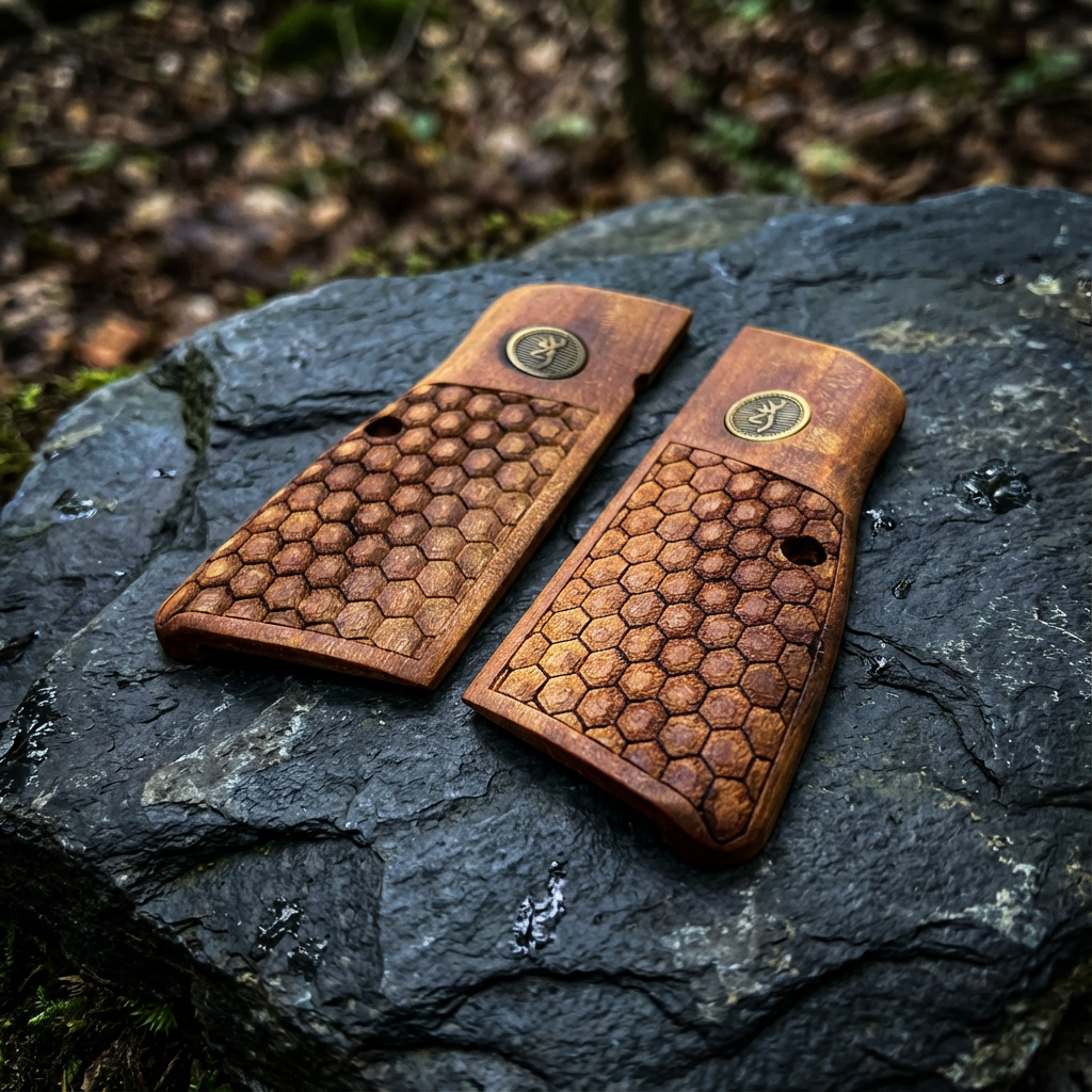 Browning Hi-Power Grips - Half Hex Texture Gold Medallion