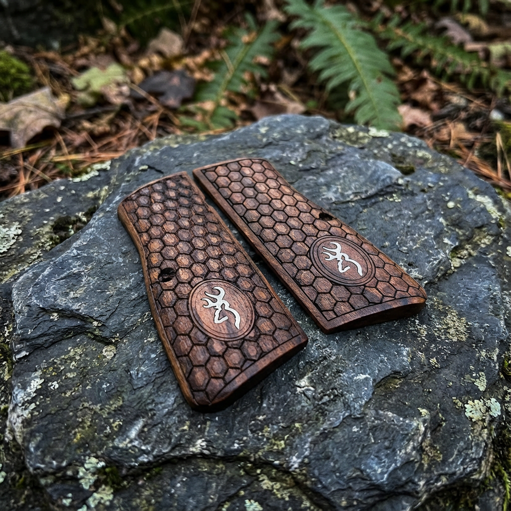 Browning Hi-Power Grips - Hex Texture Silver Inlay