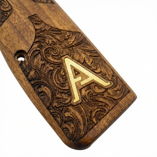 Browning Hi Power Grips - Floral Scroll - Personalized Gold Initial