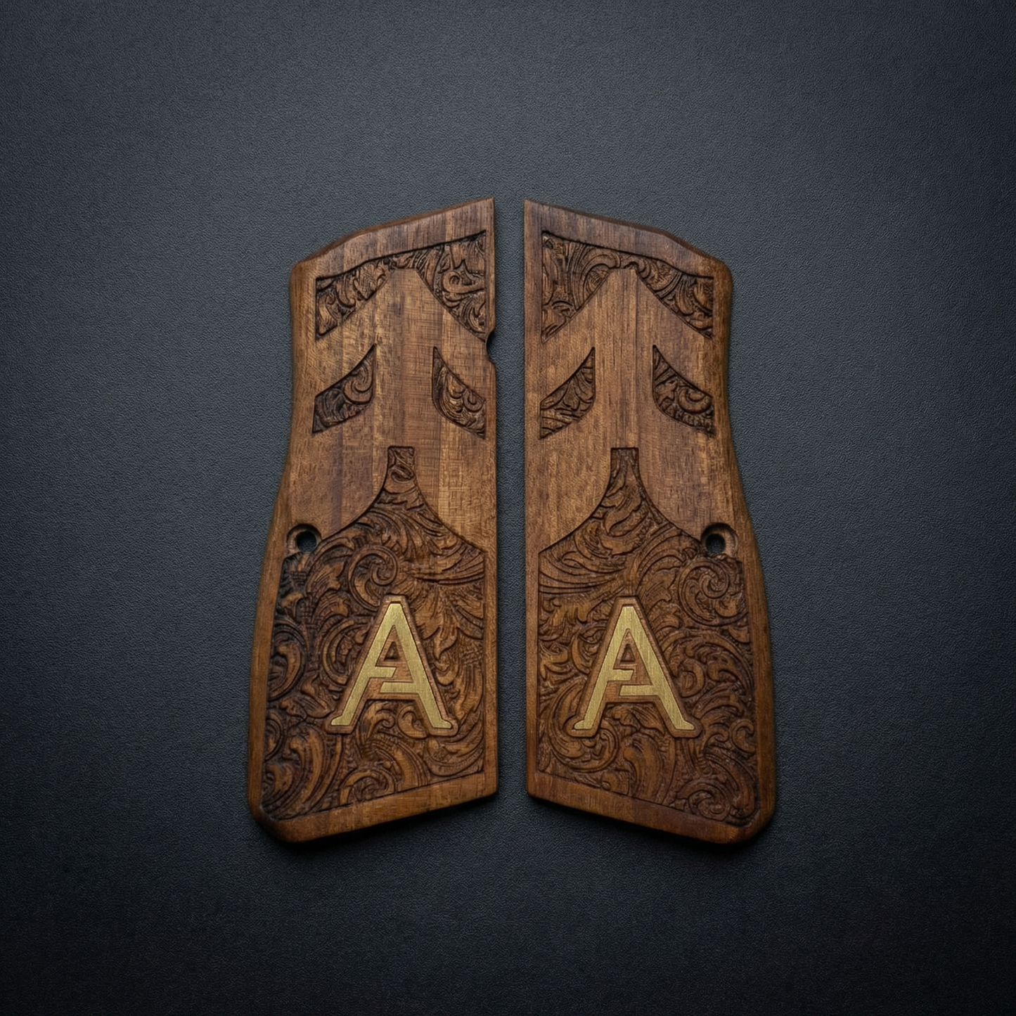 Browning Hi Power Grips - Floral Scroll - Personalized Gold Initial