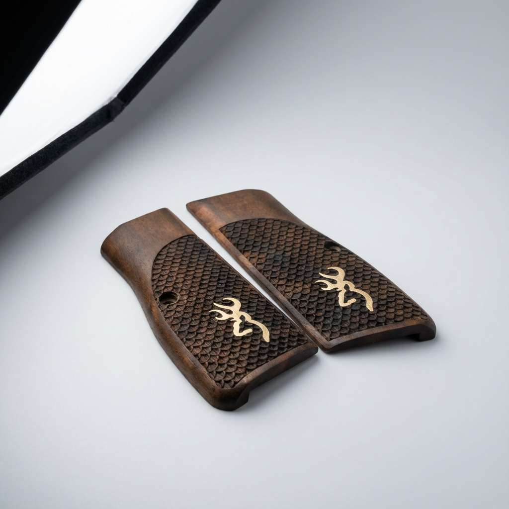 Browning Hi-Power Grips – Gold Logo Fishscale