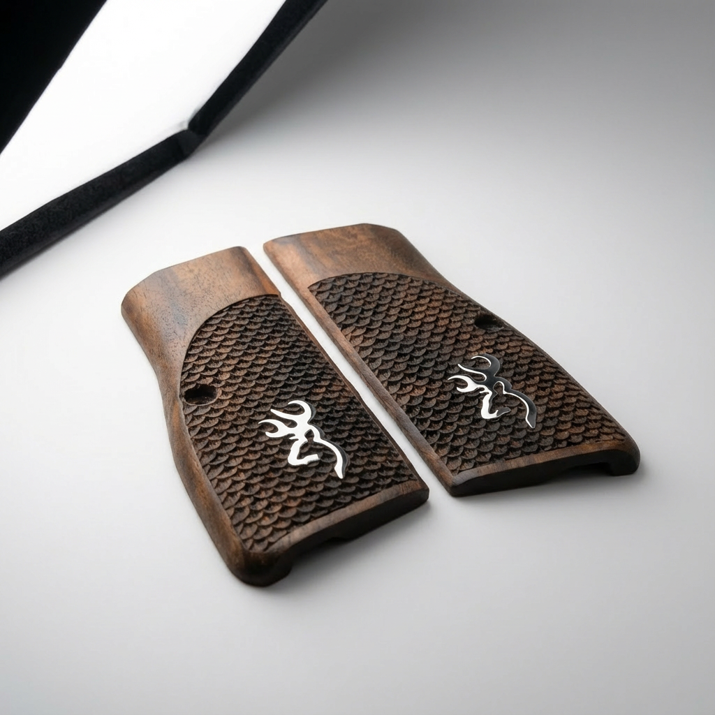 Browning Hi-Power Grips – Silver Logo Fishscale