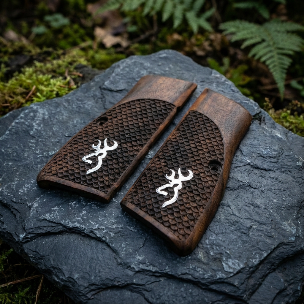 Browning Hi-Power Grips – Silver Logo Fishscale