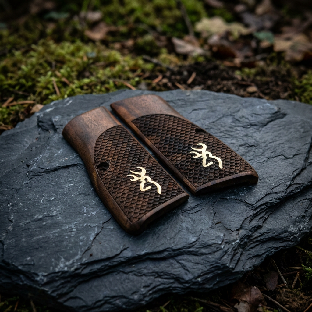 Browning Hi-Power Grips – Gold Logo Fishscale