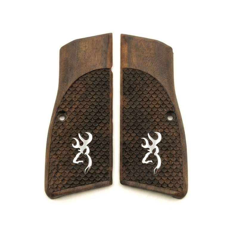Browning Hi-Power Grips – Silver Logo Fishscale