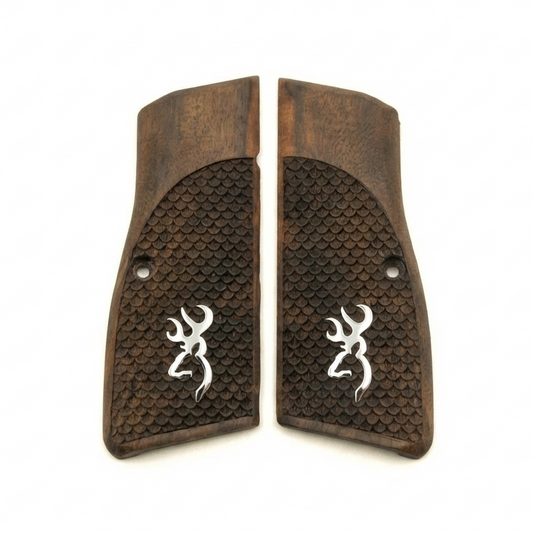 Browning Hi-Power Grips – Silver Logo Fishscale
