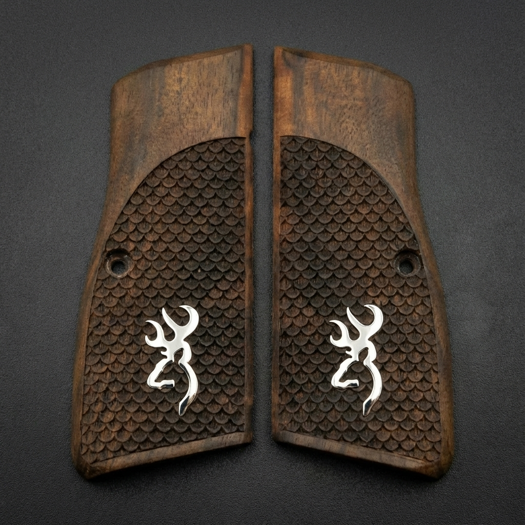 Browning Hi-Power Grips – Silver Logo Fishscale