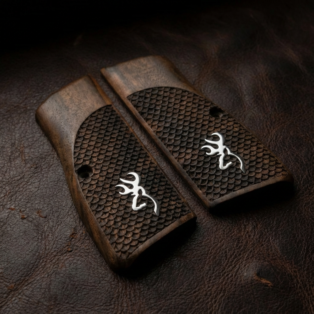 Browning Hi-Power Grips – Silver Logo Fishscale