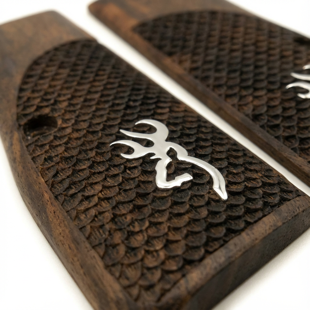 Browning Hi-Power Grips – Silver Logo Fishscale