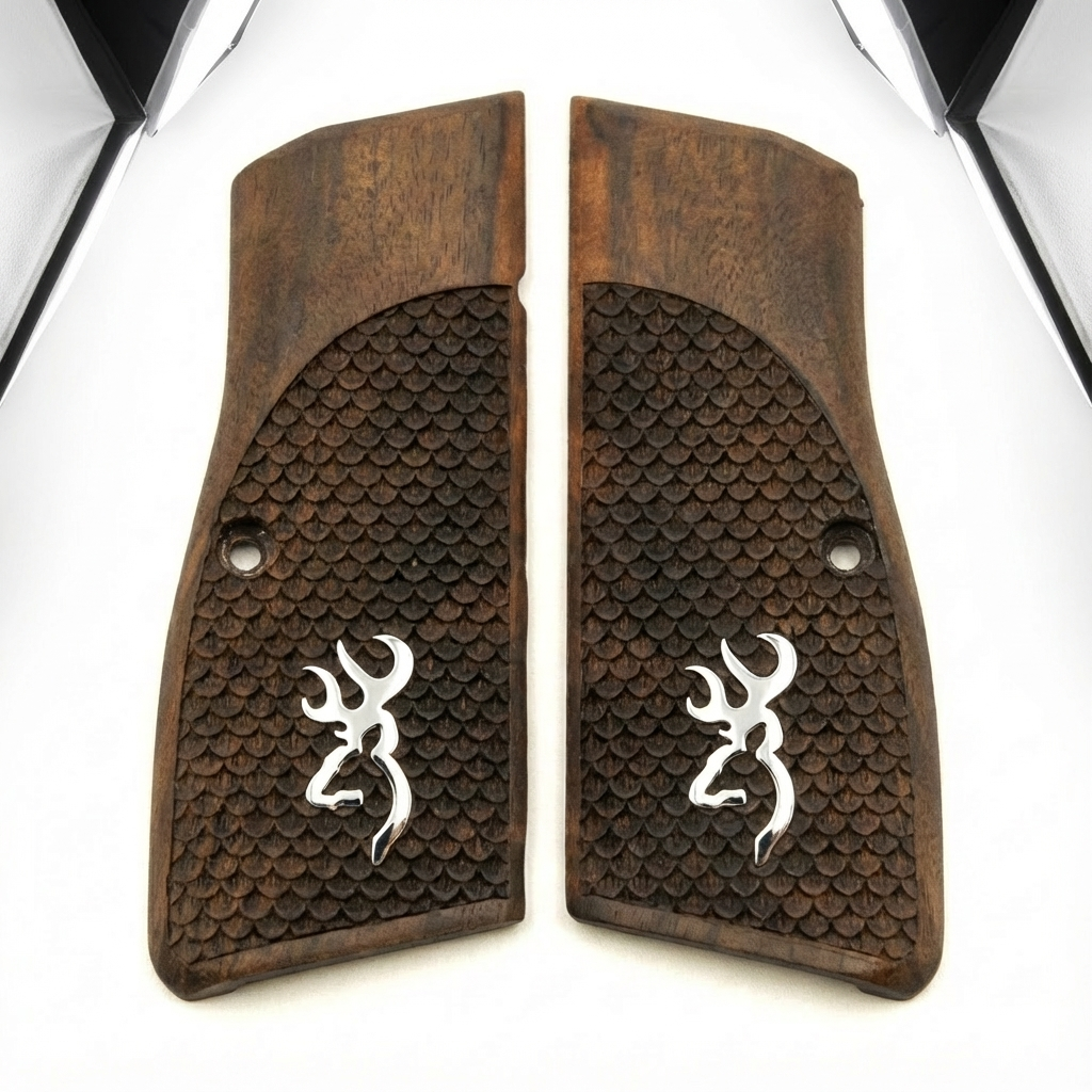 Browning Hi-Power Grips – Silver Logo Fishscale