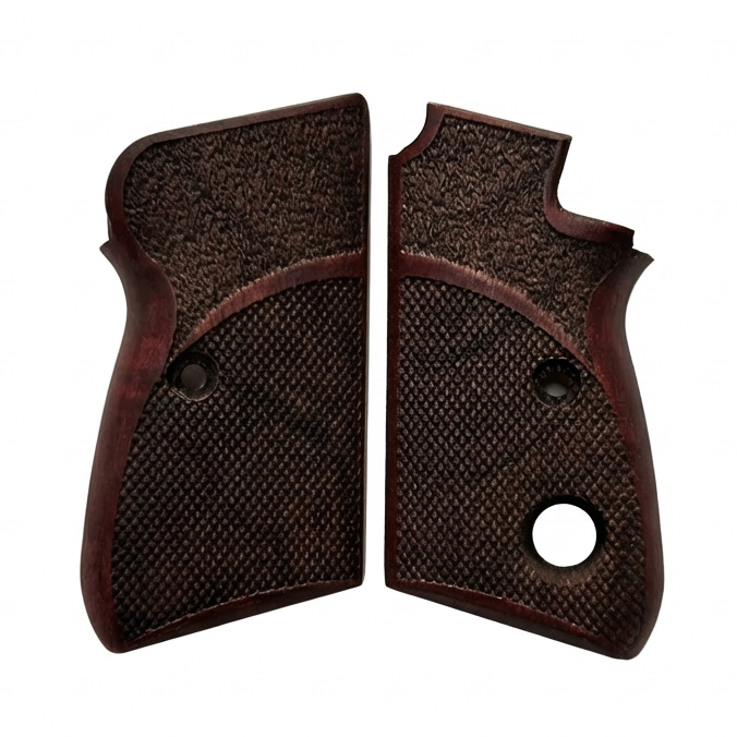 Pair of brown textured gun grips on a white background