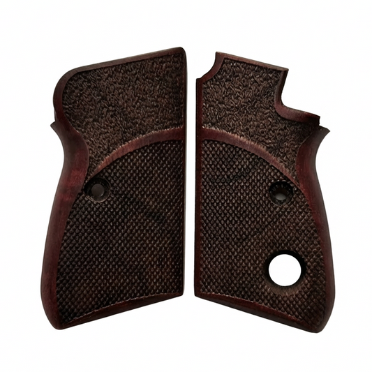 Pair of brown textured gun grips on a white background