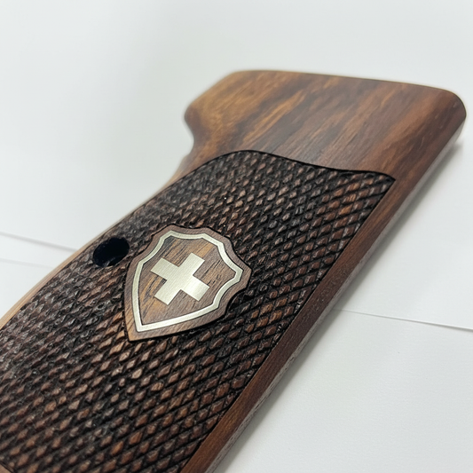 Sig P210 Grips - Checkered Swiss Cross (Silver) | Dark Walnut