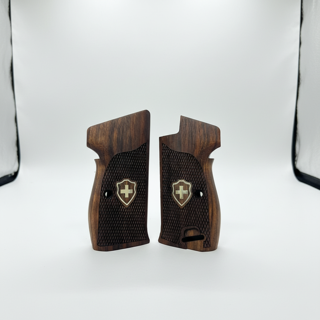 Sig P210 Grips - Checkered Swiss Cross (Silver) | Dark Walnut