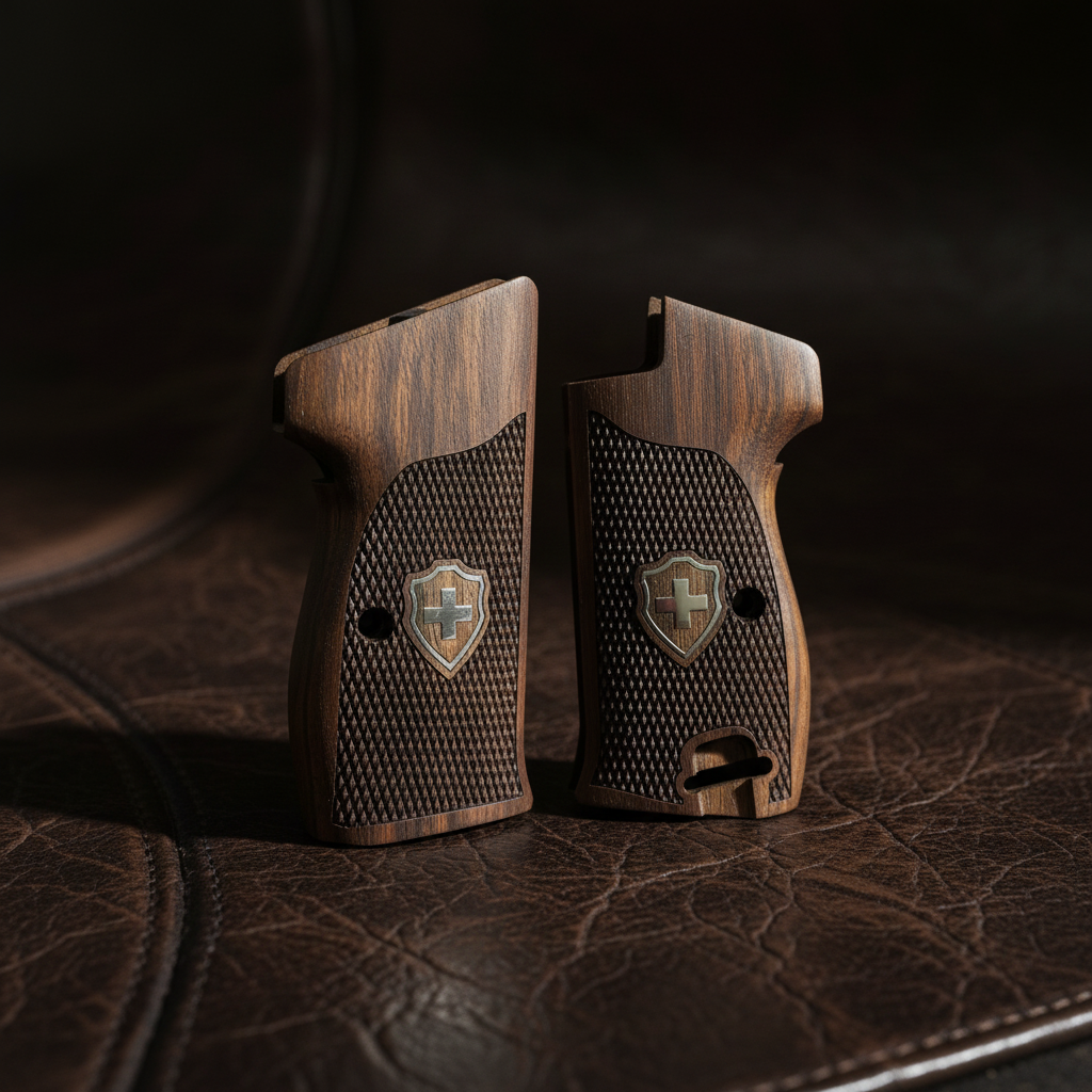 Sig P210 Grips - Checkered Swiss Cross (Silver) | Dark Walnut