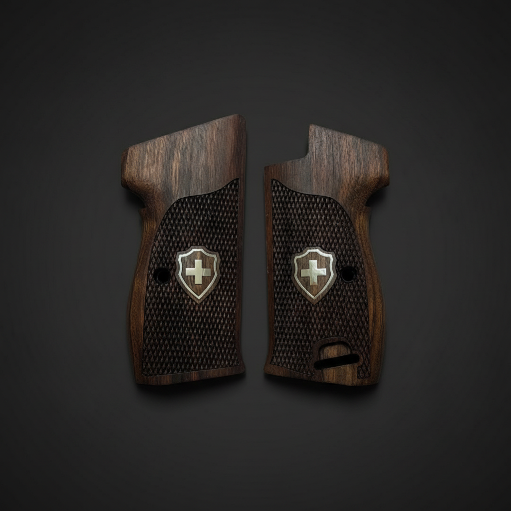 Sig P210 Grips - Checkered Swiss Cross (Silver) | Dark Walnut