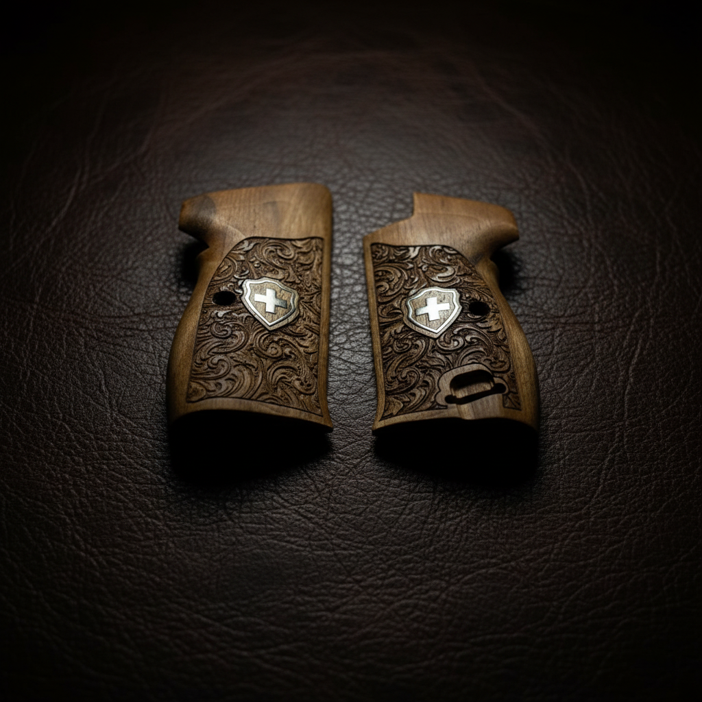 Sig P210 Grips - Floral Scroll Swiss Cross (Silver)