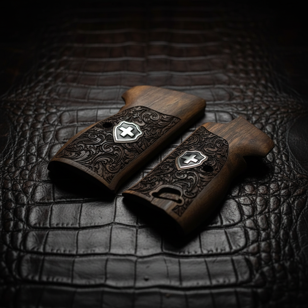 Sig P210 Grips - Floral Scroll Swiss Cross (Black)