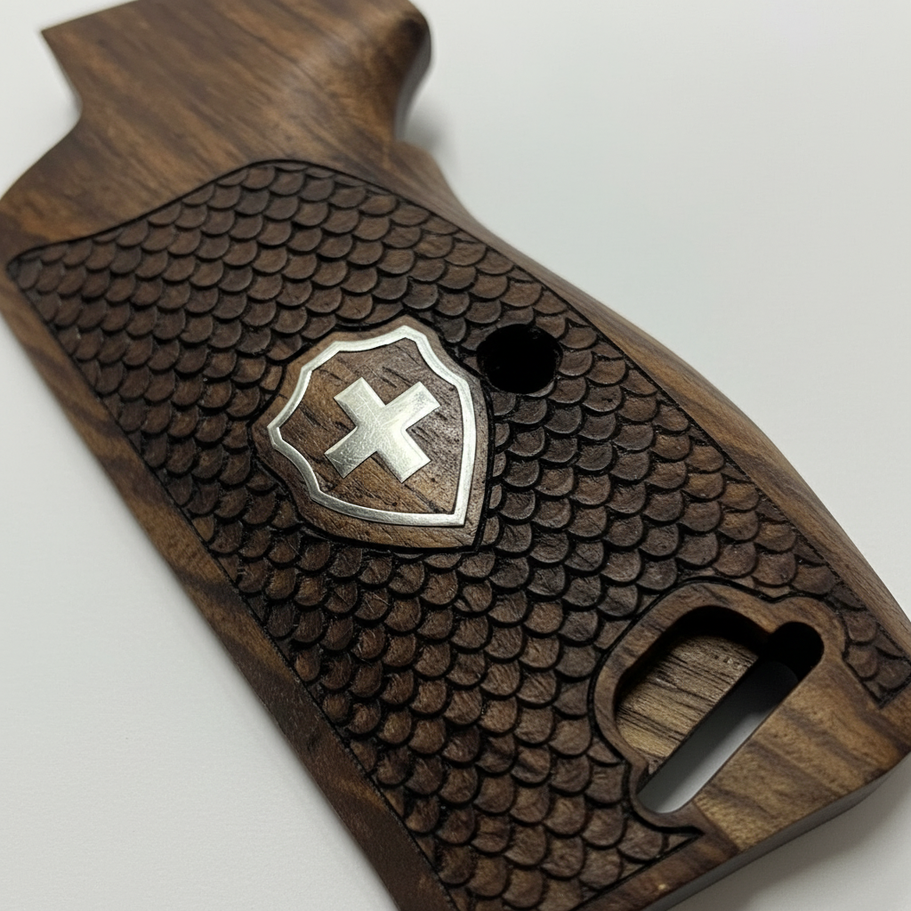 Sig P210 Grips - Fish Scale Swiss Cross (Silver) | Dark Walnut