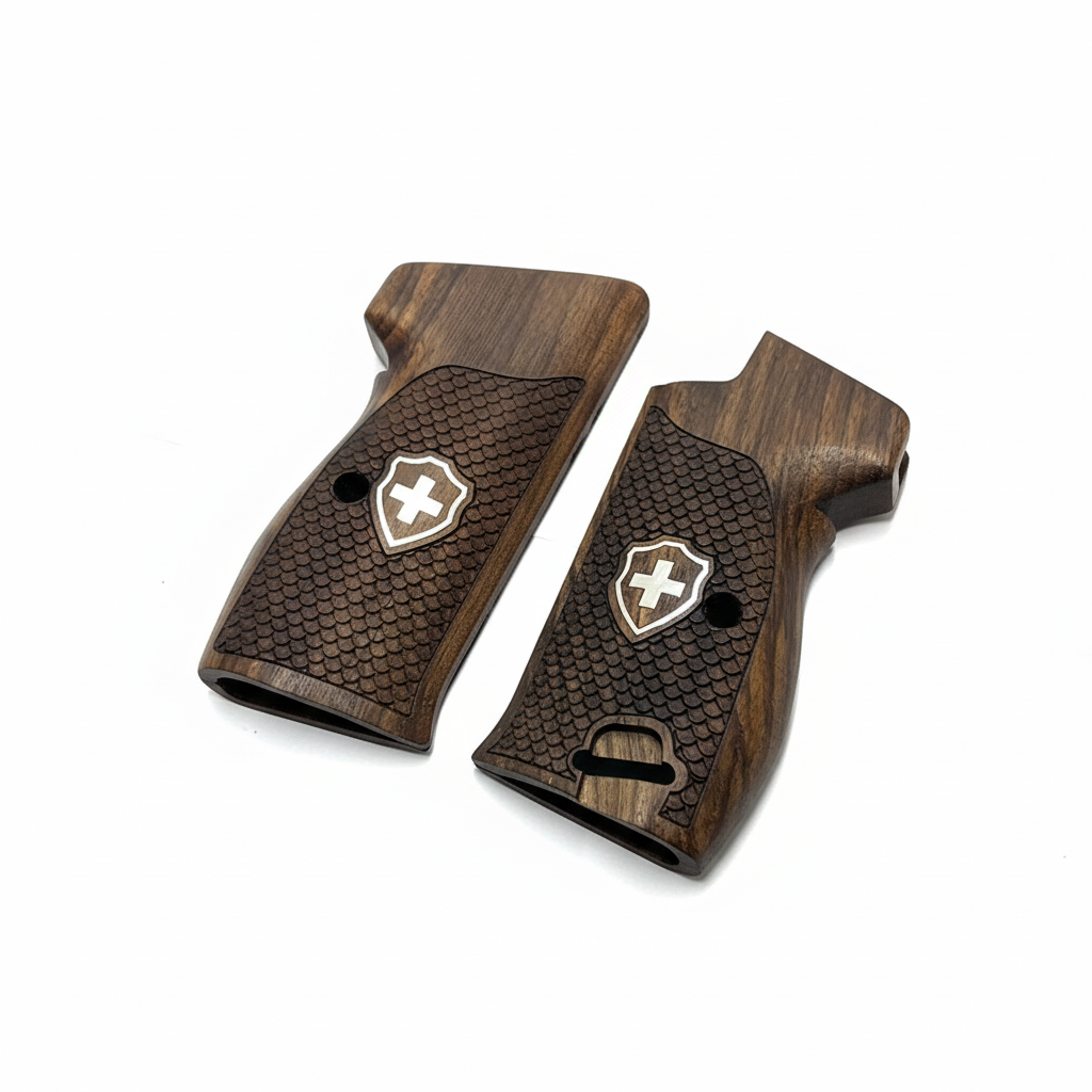 Sig P210 Grips - Fish Scale Swiss Cross (Silver) | Dark Walnut