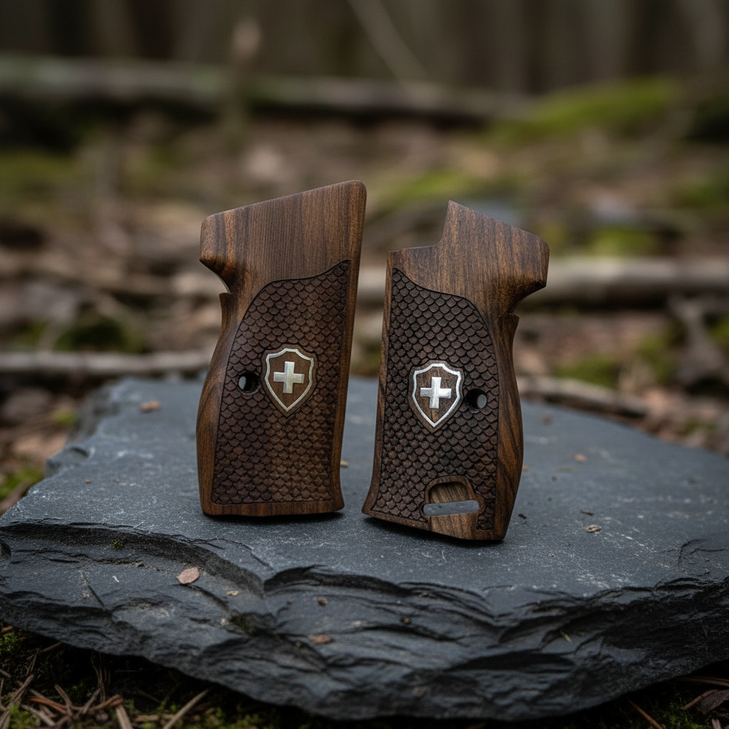 Sig P210 Grips - Fish Scale Swiss Cross (Silver) | Dark Walnut