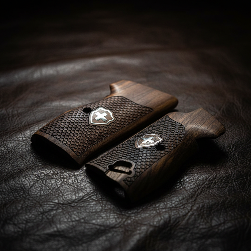 Sig P210 Grips - Fish Scale Swiss Cross (Silver) | Dark Walnut