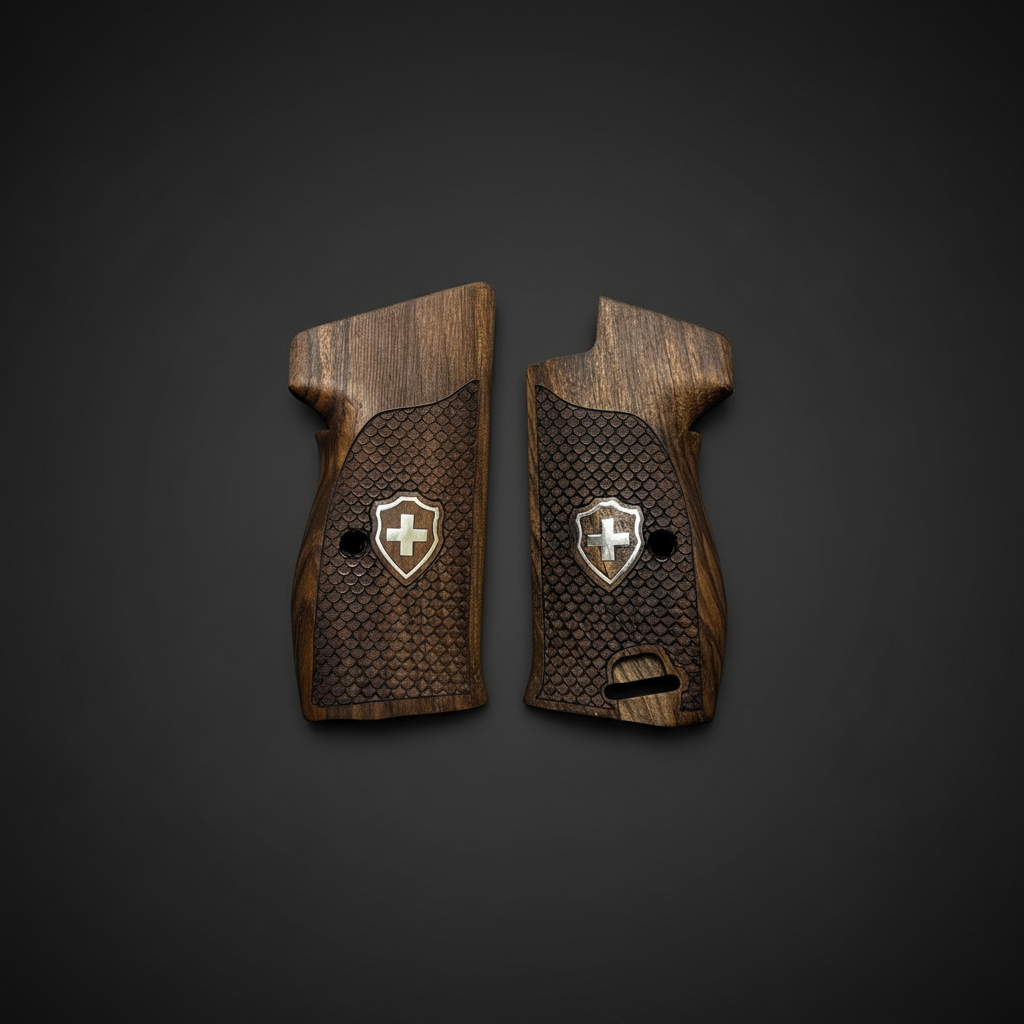 Sig P210 Grips - Fish Scale Swiss Cross (Silver) | Dark Walnut