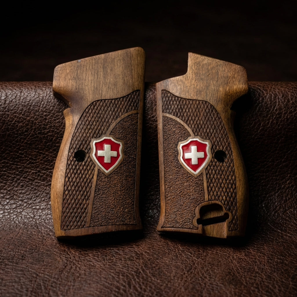 Sig P210 Grips - Swiss Cross Duo Texture (Red) | Dark Walnut