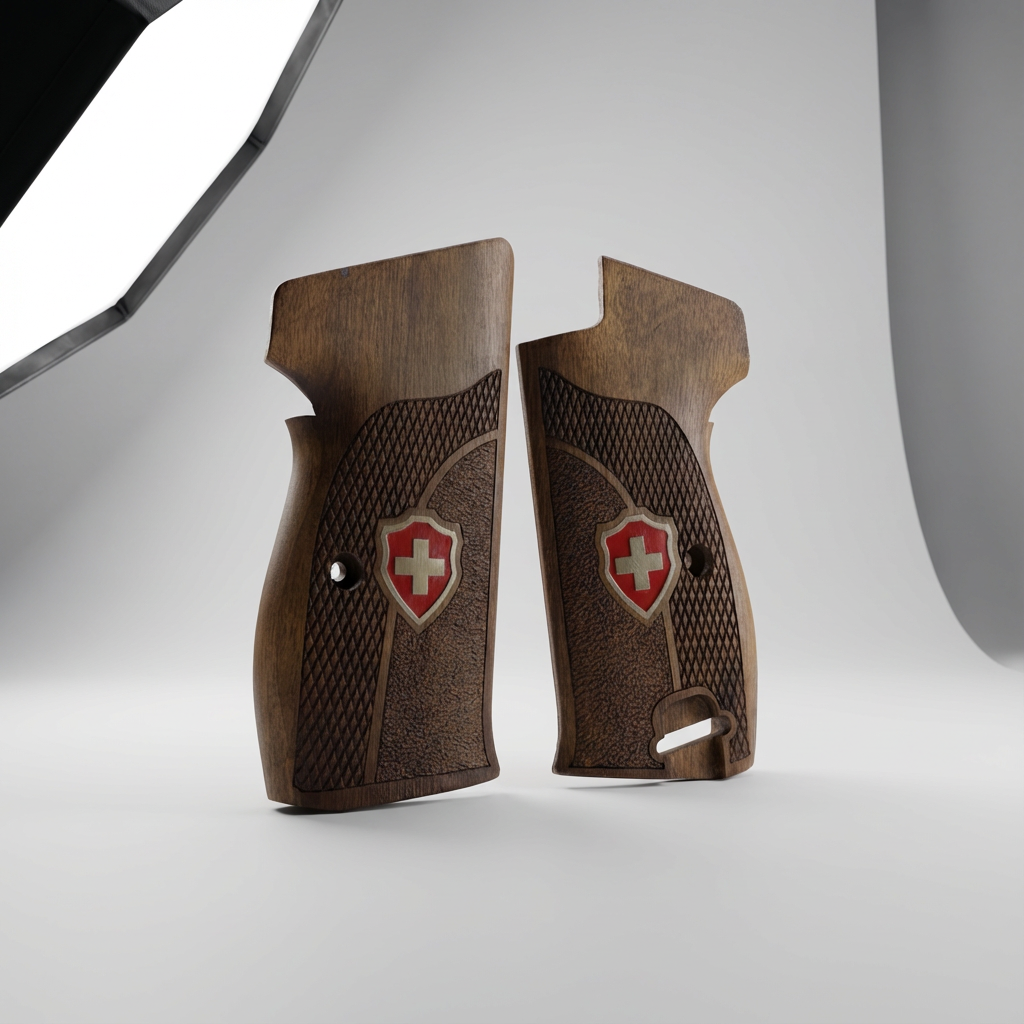 Sig P210 Grips - Swiss Cross Duo Texture (Red) | Dark Walnut