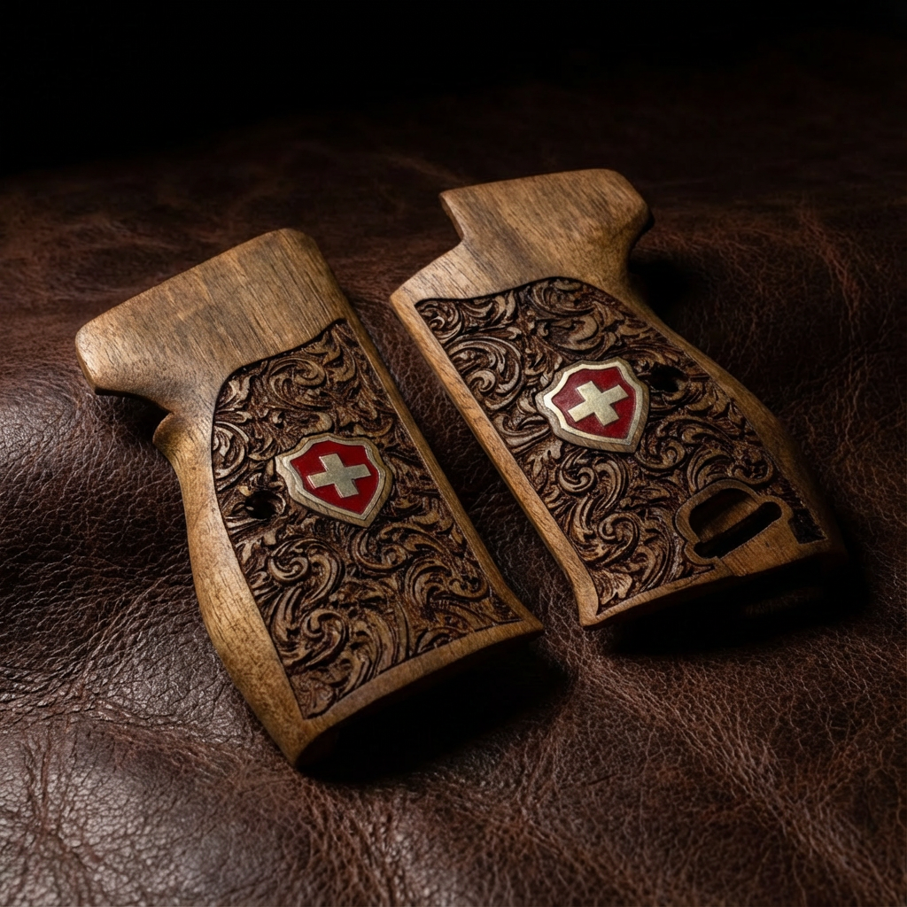 Sig P210 Grips - Swiss Cross Floral Scroll (Red)