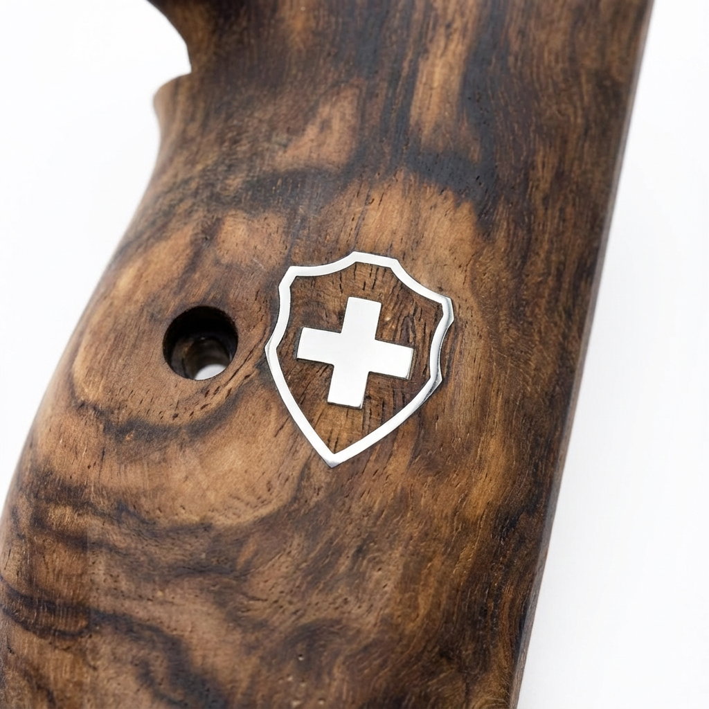 Sig P210 Grips - Smooth Root Walnut Swiss Cross (Silver)