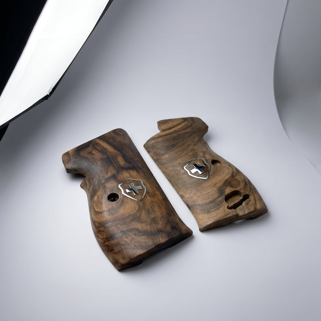 Sig P210 Grips - Smooth Root Walnut Swiss Cross (Silver)