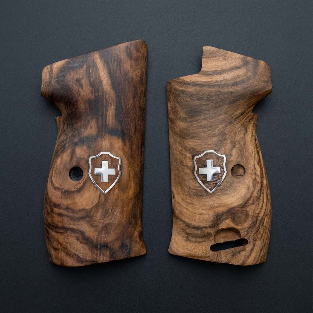 Sig P210 Grips - Smooth Root Walnut Swiss Cross (Silver)
