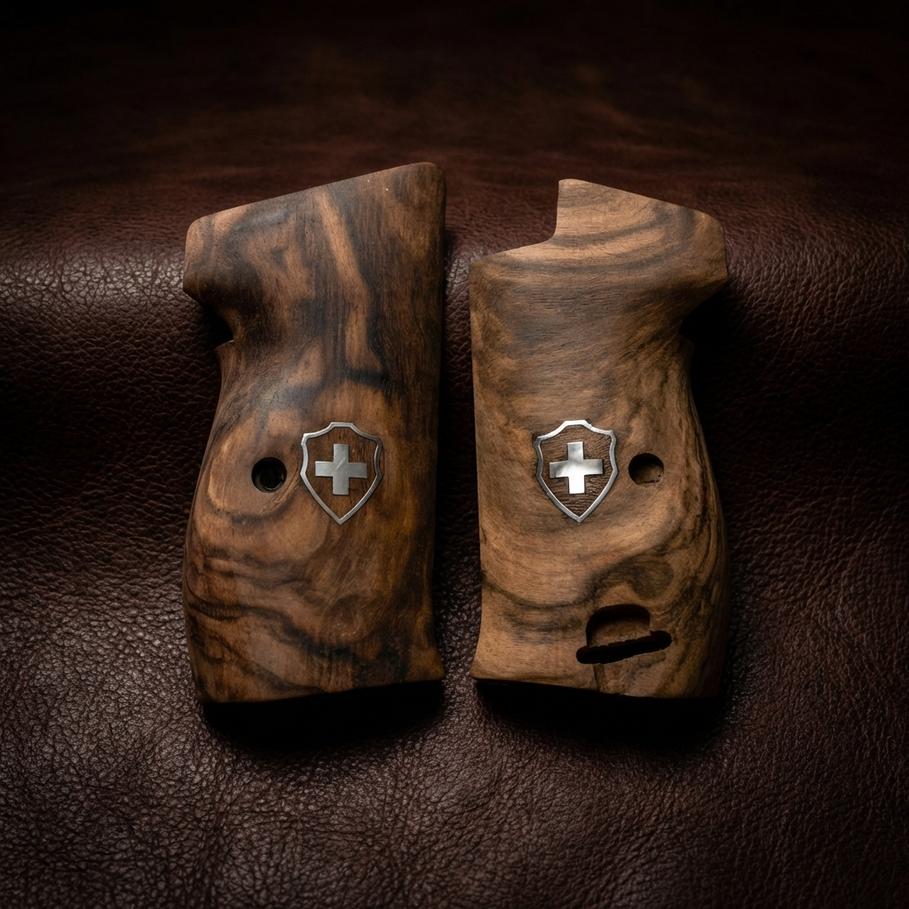 Sig P210 Grips - Smooth Root Walnut Swiss Cross (Silver)