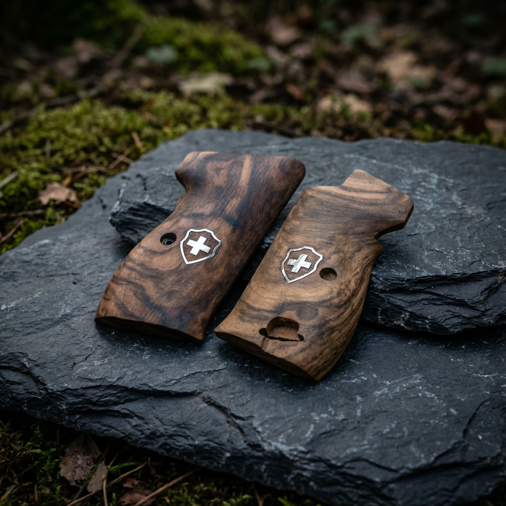 Sig P210 Grips - Smooth Root Walnut Swiss Cross (Silver)