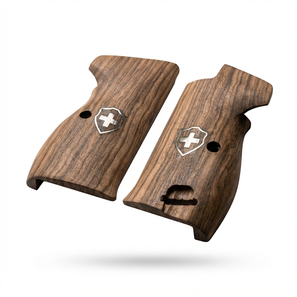 Sig P210 Grips - Vertical Grain Walnut Swiss Cross (Silver)