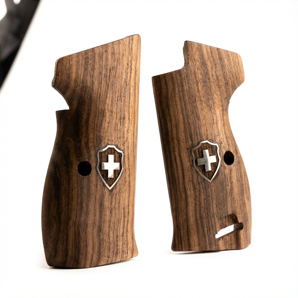 Sig P210 Grips - Vertical Grain Walnut Swiss Cross (Silver)