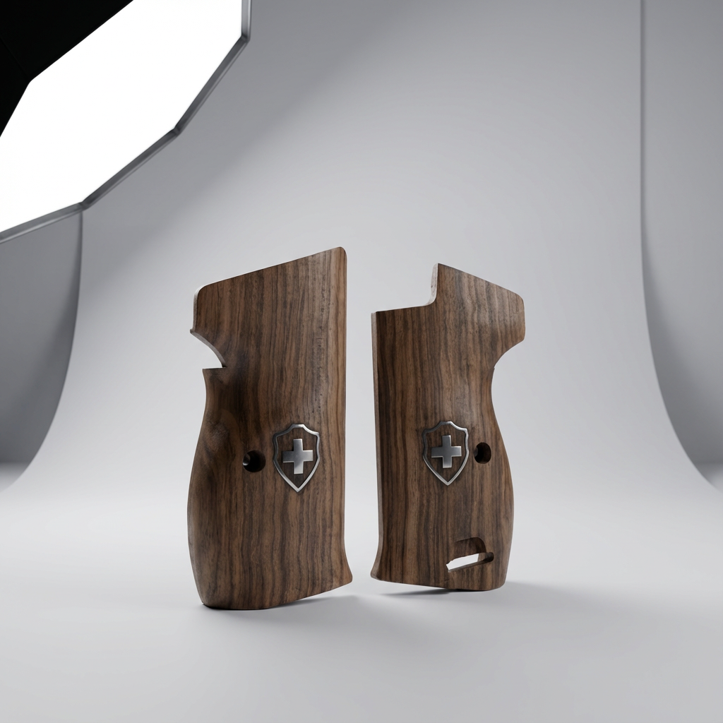 Sig P210 Grips - Vertical Grain Walnut Swiss Cross (Silver)