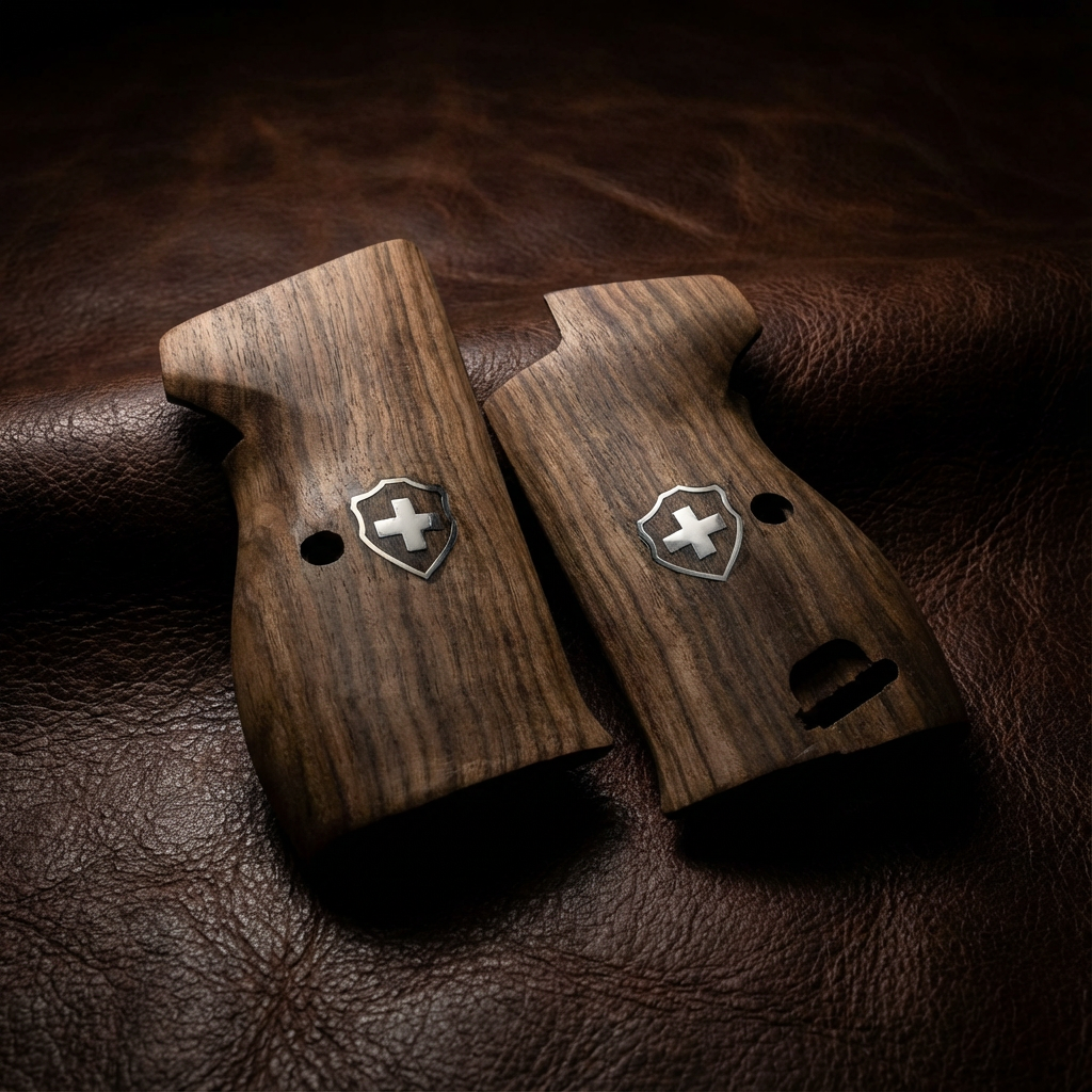 Sig P210 Grips - Vertical Grain Walnut Swiss Cross (Silver)