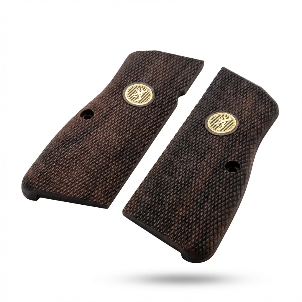 Browning Hi-Power Grips - Dark Checkered Gold Medallion