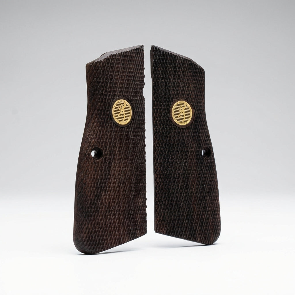 Browning Hi-Power Grips - Dark Checkered Gold Medallion