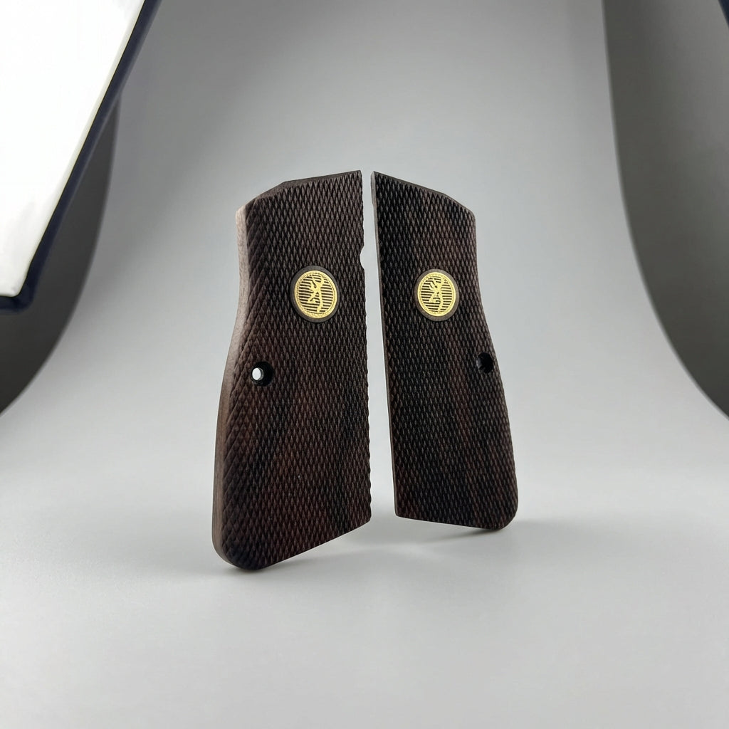 Browning Hi-Power Grips - Dark Checkered Gold Medallion