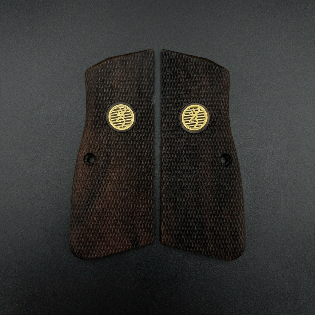 Browning Hi-Power Grips - Dark Checkered Gold Medallion