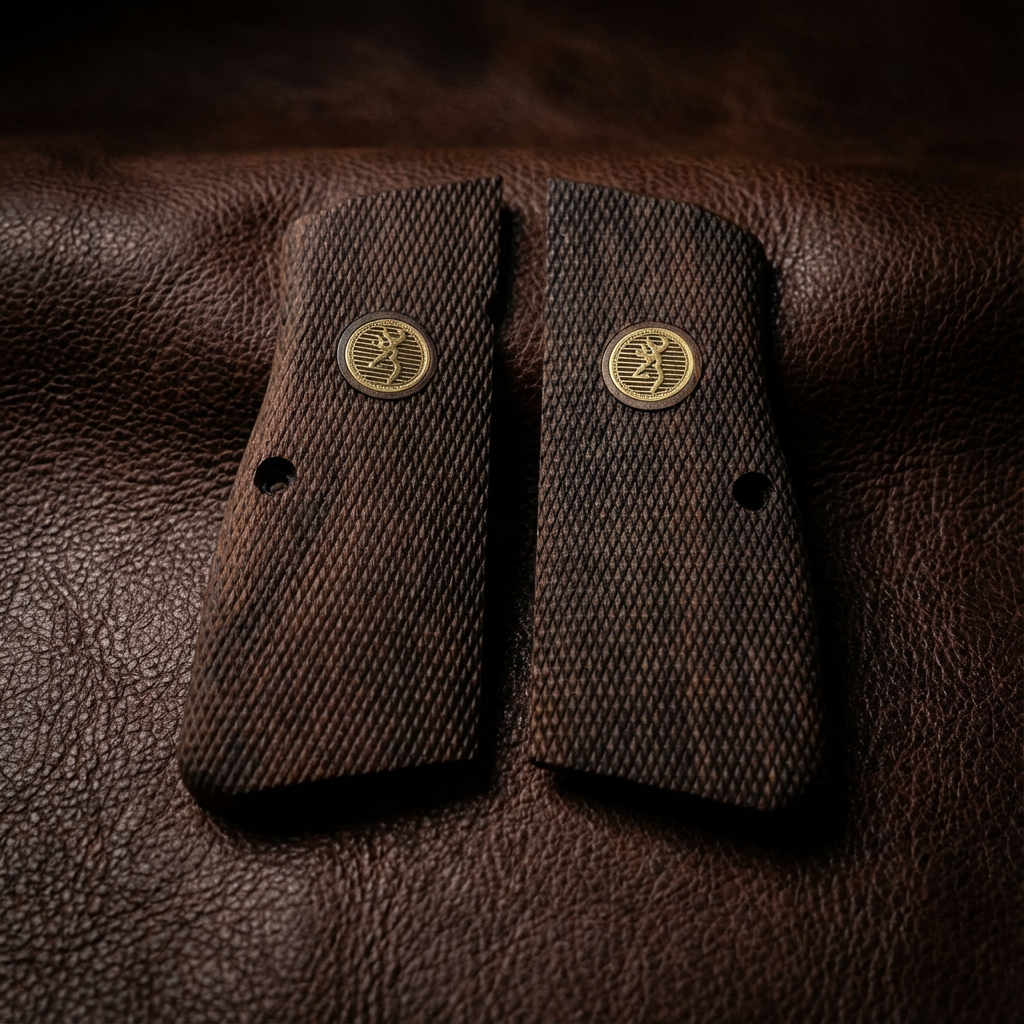 Browning Hi-Power Grips - Dark Checkered Gold Medallion