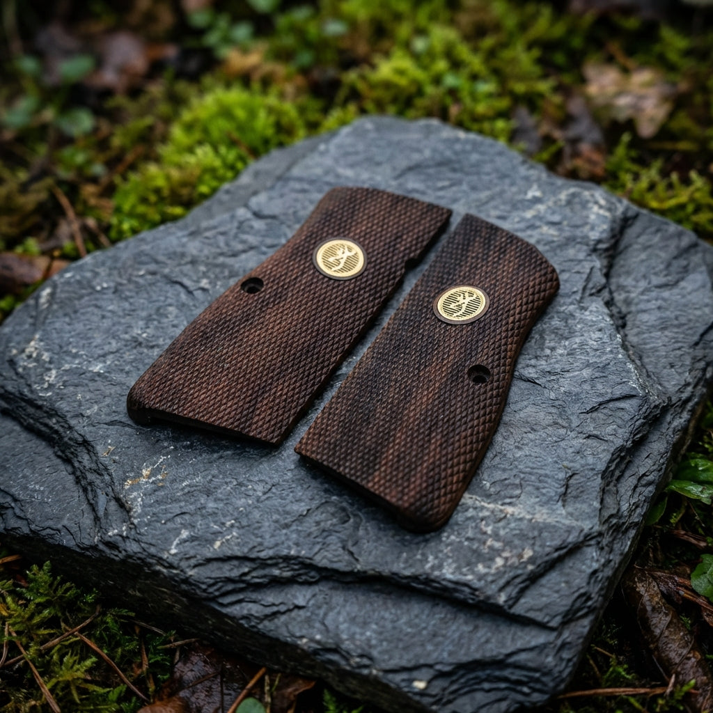 Browning Hi-Power Grips - Dark Checkered Gold Medallion